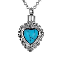 Lily Stainless Steel Cremation Jewelry Retro Pattern Embed Turquoise Memorial Urn Necklace Ash Keepsake with Gift Bag And Chain238k