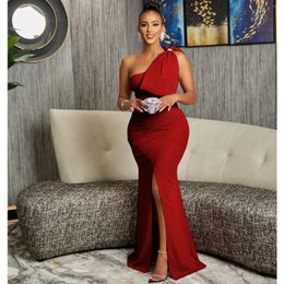 Casual Dresses Zoctuo Luxurious Red Evening Party Diagonal Shoulder Bowknot Bodycon Robe 2024 Sexy Backless Split Formal Long Dress