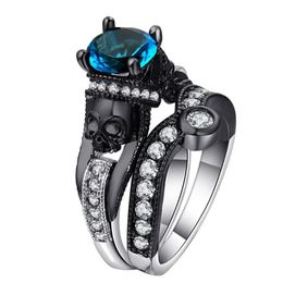 Hainon 2PCS Skull Ring Sets Women Men Punk Jewellery Charm Black Silver Colour Round Cubic Zirconia Cluster Rings329t