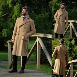 Men's Suits Winter Khaki Double Breasted Long Jacket Black Pants Notched Lapel Luxury Ourfit Set Elegant Business Male Clothing