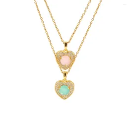 Pendant Necklaces ALLME Lovely Green Pink CZ Zircon Natural Stone Heart For Women 18K Gold PVD Plated Titanium Steel Choker