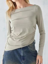 Women's T Shirts Women T-shirt Long Sleeve Crew Neck Pleated Asymmetric Slim Fit Ladies Fall Tops Streetwear