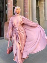 Ethnic Clothing Ins Fashion Muslim Sets 2 Piece Silky Suits Elegant Long Islamic Women Modest Wear Satin EID WY935