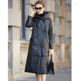 Women's Leather 2024 Winter Artificial Jacket For Women With Slim Fit Long Warm Padded Coat Fashion Pocket Cotton Clip Overcome