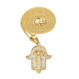 Stainless Steel Gold Colour Hamsa Hand Pendant Iced Out Rhinestone Hand of Fatima Jewellery With 3mm 24inch Cuban chain302S