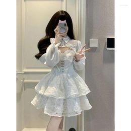 Casual Dresses Girl Lace White Kawaii Lolita Dress Woman Cascading Ruffle Long Sleeve Cape And Straps 2pcs Set Fashion Clothing