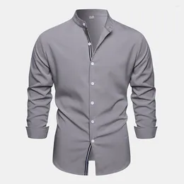 Men's Casual Shirts Men Top Shirt Slight Stretch Solid Colour Stand Collar Up Blouse Button Classic Comfortable Fashon