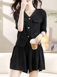 Women's Tracksuits Office Lady Pleats Short Sleeve Tops And Loose Shorts Two Piece Set Women Summer Outfits Female Black Clothing Korean