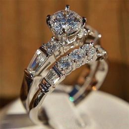Wedding Rings Shiny 2pcs set White Stone Zircon Engagement Ring Set For Women Silver Colour Vintage Bridal Jewellery Gift B4N967221A