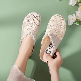 Slippers Women's Design Pearl Openwork Lace Mesh Slides Outside Soft Non-slip Round Toe Flat Mules Pantuflas De Mujer