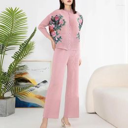 Women's Two Piece Pants Miyake Pleated Floral Print Set Women Single Breasted Long Sleeve O-neck Top Wide Leg 2024 Summer Female