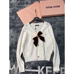 Women's Knits & Tees Mm Home's Autumn/winter Sweet Bead Bow Decoration V-neck Sweater Top Age Reducing Knitted Shirt Fashion