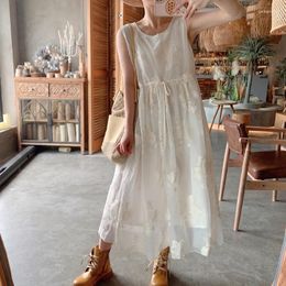 Casual Dresses 2024 Summer Resort Style French Romantic Dress Embroidery Lace Mesh Vest For Women Victorian Princess Drawstring Sundress