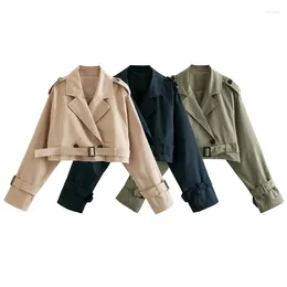 Women's Jackets Women Fashion With Belt Cropped Trench Jacket Vintage Notched Neck Long Sleeve Female Chic Lady Coat Outfits Overcoat