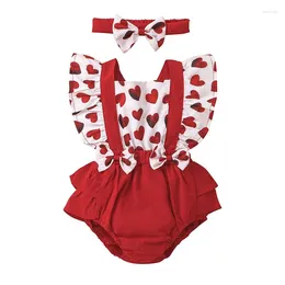 Rompers Baby Girls Romper Set Sleeve Square Neck Heart Print Bowknot Patchwork With Hairband