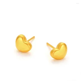 Stud Earrings Real 24K Yellow Gold 999 3D Heart Women Gift