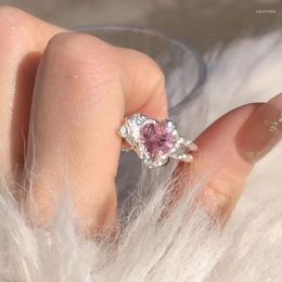 Cluster Rings Cute Romantic Pink Heart Crystal Opening Ring For Women Adjustable Female Irregularity Finger Y2K Punk Jewelry Accessories