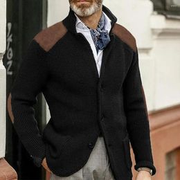 Men's Sweaters Cardigan With Pockets Single-breasted Lapel Knitted Sweater Coat For Winter Fall Thick Long Sleeve Patchwork