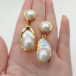 White Keshi Pearl Gold Colour Plated Stud Earrings Nucleated Flameball Baroque Pearl earrings luxury wedding for women 231229