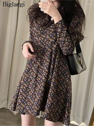 Casual Dresses Floral Flower Print Autumn Midi Dress Women Ruffle Pleated Korean Loose Ladies Fashion Long Sleeve Woman 2024