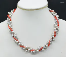 Choker Exquisite Ladies Necklace. 3 Strands Of Natural Pearls. Coral Necklace 19"