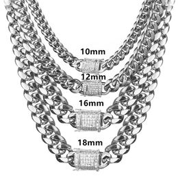 8-18mm Wide Stainless Steel Cuban Miami Chain Necklaces CZ Zircon Box Lock Big Heavy Hip Hop jewelry219k