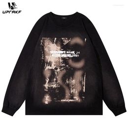 Men S Hoodies UPRAKF Vintage Graphic Print Washed Hoodie Crew Neck Haruku Long Sleeve Casual Pullover Autumn Oversize Fashion Tops