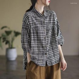 Women's Blouses Spring Summer Arts Style Women 3/4 Sleeve Turn-down Collar Loose Shirt All-matched Casual Cotton Linen Plaid Blouse P565