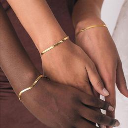 Tarnish Steel 18k Gold Plated Flat Snake Chain Bracelets Bangles For Women Herringbone Chain Accessories Jewellery Gift1976