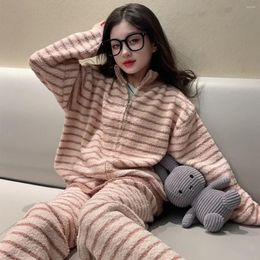 Jackets Girls' 2024 Autumn/Winter Children's Velvet Pyjamas Zipper Cardigan Stripe Home Suit Set