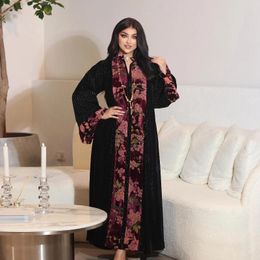 Ethnic Clothing Muslim Velvet Abaya For Women Retro Floral Printed Evening Dress Party Gown Splicing Design Kaftan Arab Loose Long Robe