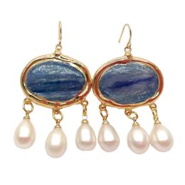 Natural Blue Kyanite Freshwater White Rice Pearl Dangle Hook Earrings 231229
