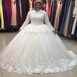 Luxury Muslim Ball Gown Wedding Dress 2024 High Neck Long Sleeve Lace Church Bridal Gowns Elegant Plus Size Country Bride Dress Robe De Mariage Vestidos De Novia Chic