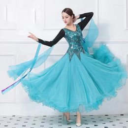 Stage Wear Adult Standard Waltz Ballroom Dancing Dresses Senior Blue Modren Dance Skirt Long Sleeve Competition Dress Women