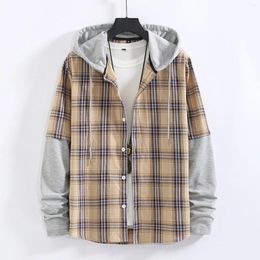 Men's Casual Shirts Mens Plaid Shirt Trend Hip Hop Hooded Cardigan Top Early Autumn 2024 Single Breasted Male Overcoats