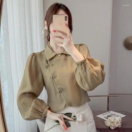 Women's Blouses Spring Autumn Fashion Polo Neck Bubble Sleeve Solid Colour Loose Short Shirt Casual Versatile Western Commuter Tops