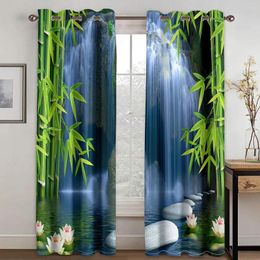 Curtain Green Landscape Creek Stone Lotus Buddha Bamboo 2 Pieces Thin Curtains For Living Room Bedroom Window Drape