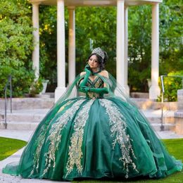 Green Lace-up Corset Ruffles Off the Shoulder Quinceanera Dresses Gold Appliques Lace Beads prom Vestidos De XV 15 Anos