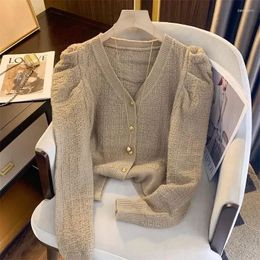 Women's Knits Puff Sleeves V-Neck Knitted Cardigan Coat Autumn/Winter French Vintage Single Breasted Women Fashion Short Top