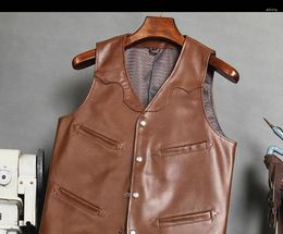 Men's Vests 2024 First Layer Cowhide Genuine Leather Vest Elastic Business Leisure Slim Fit Waist Coat For Men Single Button Tank Top M-4XL