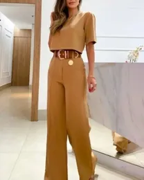 Women's Two Piece Pants Women Casual Half Sleeve Crop Top & Wide Leg Set 2024 Spring Summer Solid Office Lady Sets Outfits Korean Style