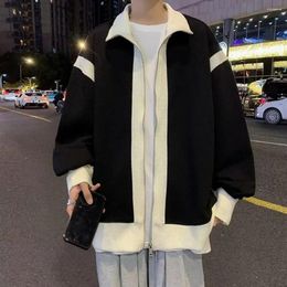 Men's Jackets Men Fall Winter Coat Colorblock Stand Collar Slant Striped Texture Zipper Closure Cardigan Sleeve Loose Mid Length Jacket