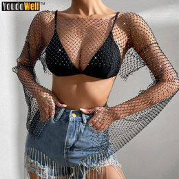 Women's Tanks Thin Half-Cut Top With Drill And Long-Sleeved Vest Hollow Mesh Blouse Nightclub Party Skirt Music Festival Summer