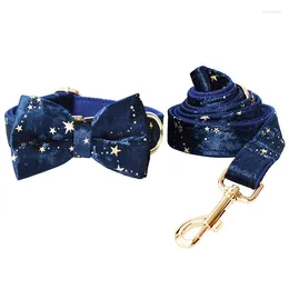 Dog Collars Deep Blue Velvet Collar And Leash Set For Christmas Gold Glitter Stars Custom ID Pet With Bow Tie Festival Puppy Gift