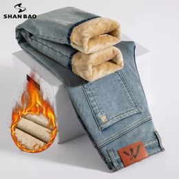 Winter Fleecy Thickened Warm Jeans Vintage Brand Classic Retro Youth Fashion Men Fit Straight Leg Casual Stretch Denim Pants 231229