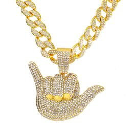 Hip Hop Men Rapper diamond pendant necklace shiny funny finger 666 pendant zircon Jewellery night club accessory Sweater Collarbone Cuban chain 18inch 1956