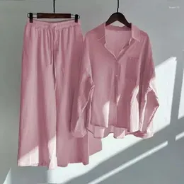 Women's Two Piece Pants 2 Pieces/set Exquisite Casual Shirt Suit Lapel Pink Button Top Drawstring Set