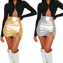 Skirts Women Sexy Glitter Metallic PU Leather Mini Skirt Girls Sparkly Stretchy Bodycon Side Split Package Hip Party Club Pencil