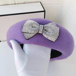 Berets 202411-shi Ins Chic Autumn Purple Wool Drill Bowkont Lady Beret Cap Women Leisure Painter Hat