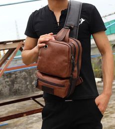 School Bags Vintage PU Leather Men Chest Backbag Casual Fashion Male Messenger Back Pack Crossbody Small Sling Single Shoulder Bag